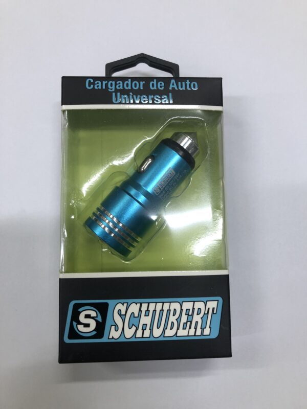 CARGADOR DE VEHÍCULO UNIVERSAL CON CONECTOR AL CENICERO ENTRADA DE DOBLE CABLE USB Y CARGA RÁPIDA MARCA SCHUBERT