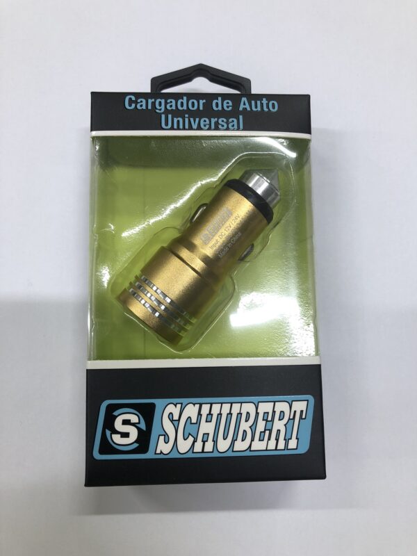 CARGADOR DE VEHÍCULO UNIVERSAL CON CONECTOR AL CENICERO ENTRADA DE DOBLE CABLE USB Y CARGA RÁPIDA MARCA SCHUBERT