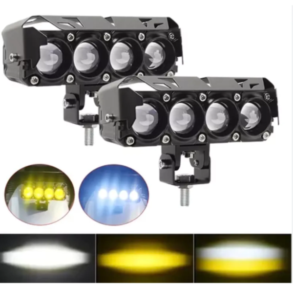 PAR DE FARO DE 4 LUPAS LED DUAL AMARILLO-BLANCO NEBLINERO MULTIVOLTAJE 12-24V RESISTENTE A IMPACTO, CORROSIÓN, AGUA Y LODO 95W SIN VENTILADOR